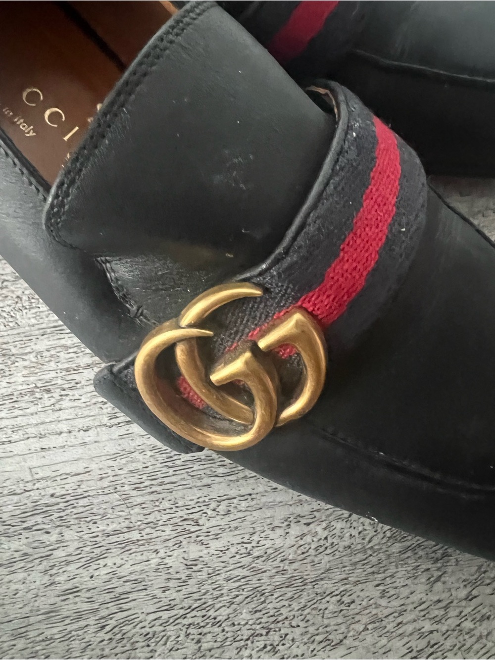 Gucci Black Leather Loafers with Red Stripe and Gold GG Hardware - Picture 8 of 10